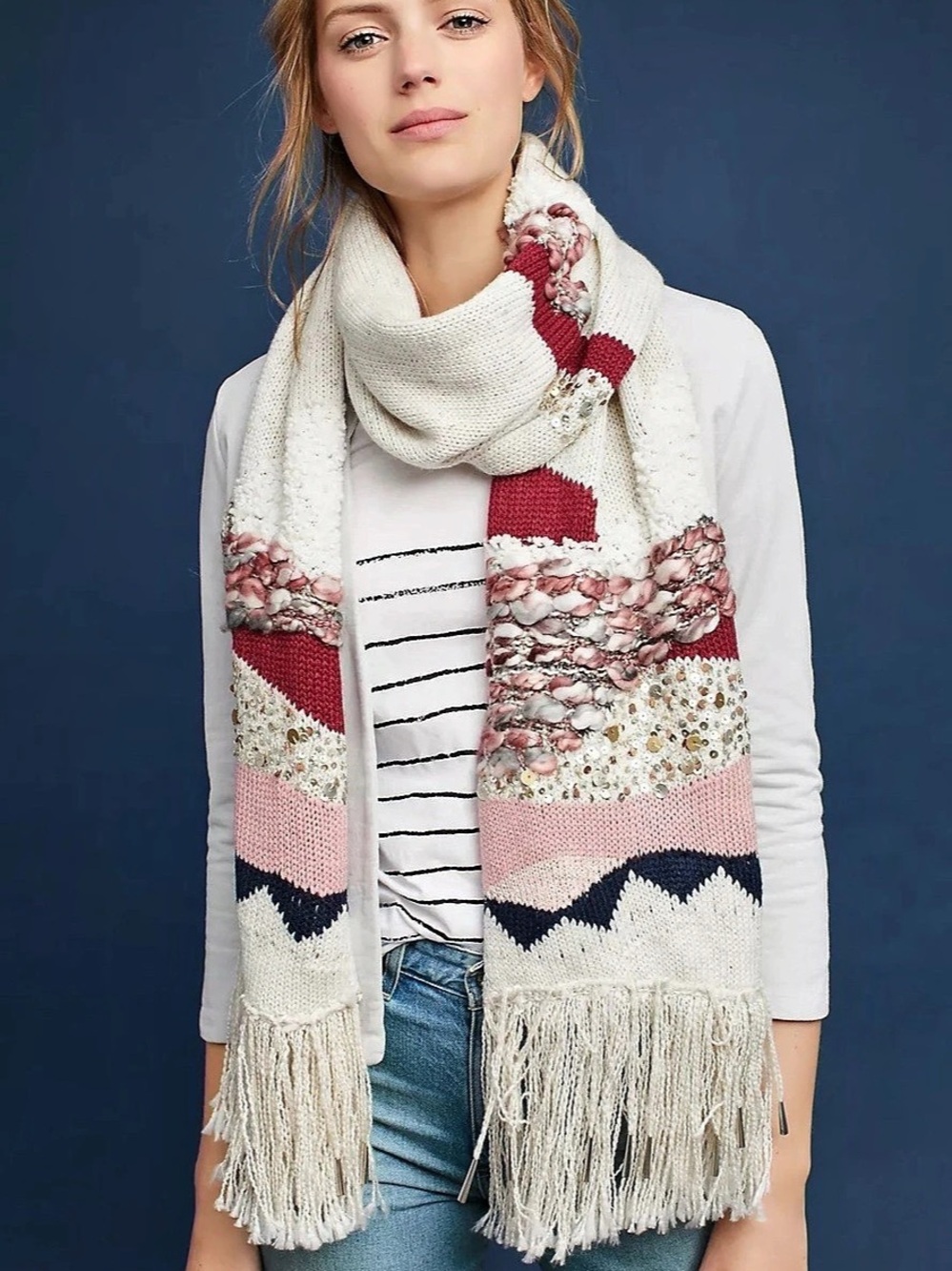 Hello Hydrangea x Anthropologie Sequined Handwoven Blanket Knit Scarf Wool Blend